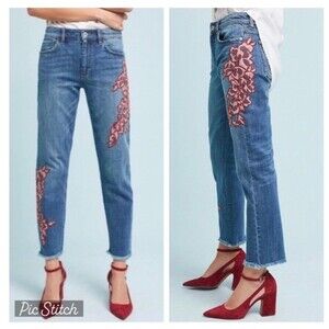 Anthropologie Pilcro Slim Boyfriend‎ Jeans Floral Embroidered Mid Rise Size 27